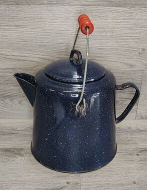 Large Vintage Enamelware Dark Blue-White Speckled Cowboy Coffee Kettle Pot